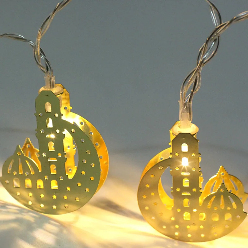 

1.65M 10 Leds Battery Powered Muslim Ramadan String Lights Gold Iron Castle Moon Lanterns Decorative Lamp Festival Light
