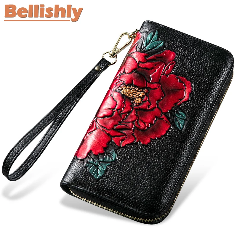 

Bellishly 2019 Genuine Leather Woman Purse Femal Top Quality Peony Flower Clutch Wristlet Wallets Female Vintage Chic Money Bag