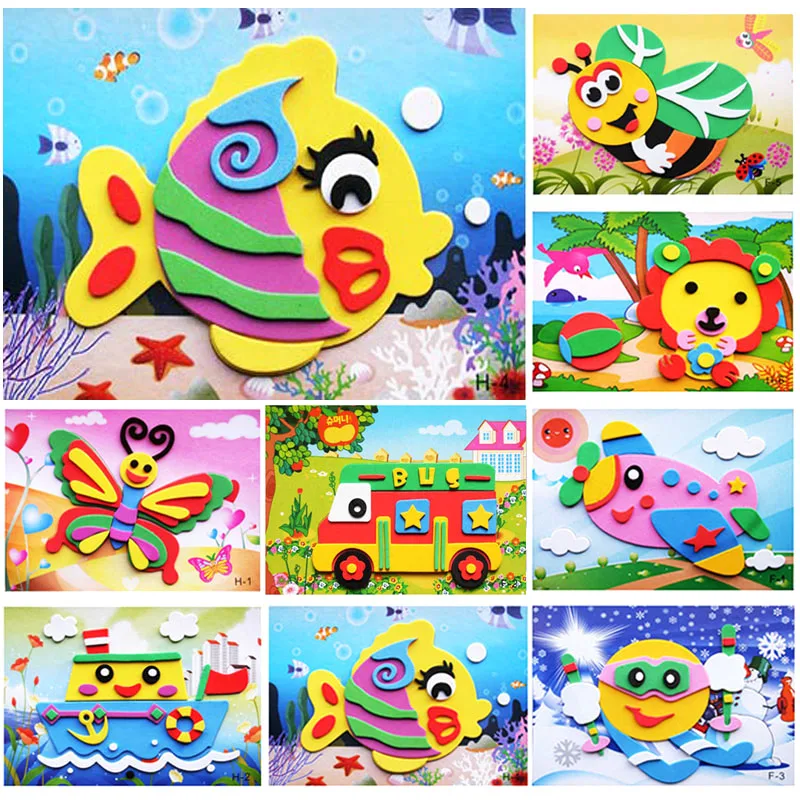 

10 designs/lot DIY Cartoon Animal 3D EVA Foam Sticker Puzzle Series E Early Learning Education Toys for Children WYQ