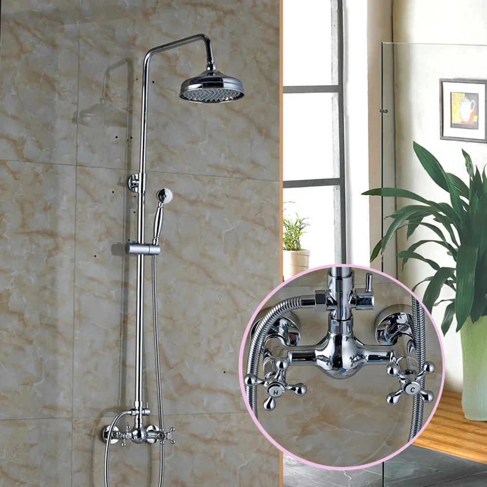Chrome Finished Wall Mounted Shower Faucet Set 8" Brass Rainfall Shower