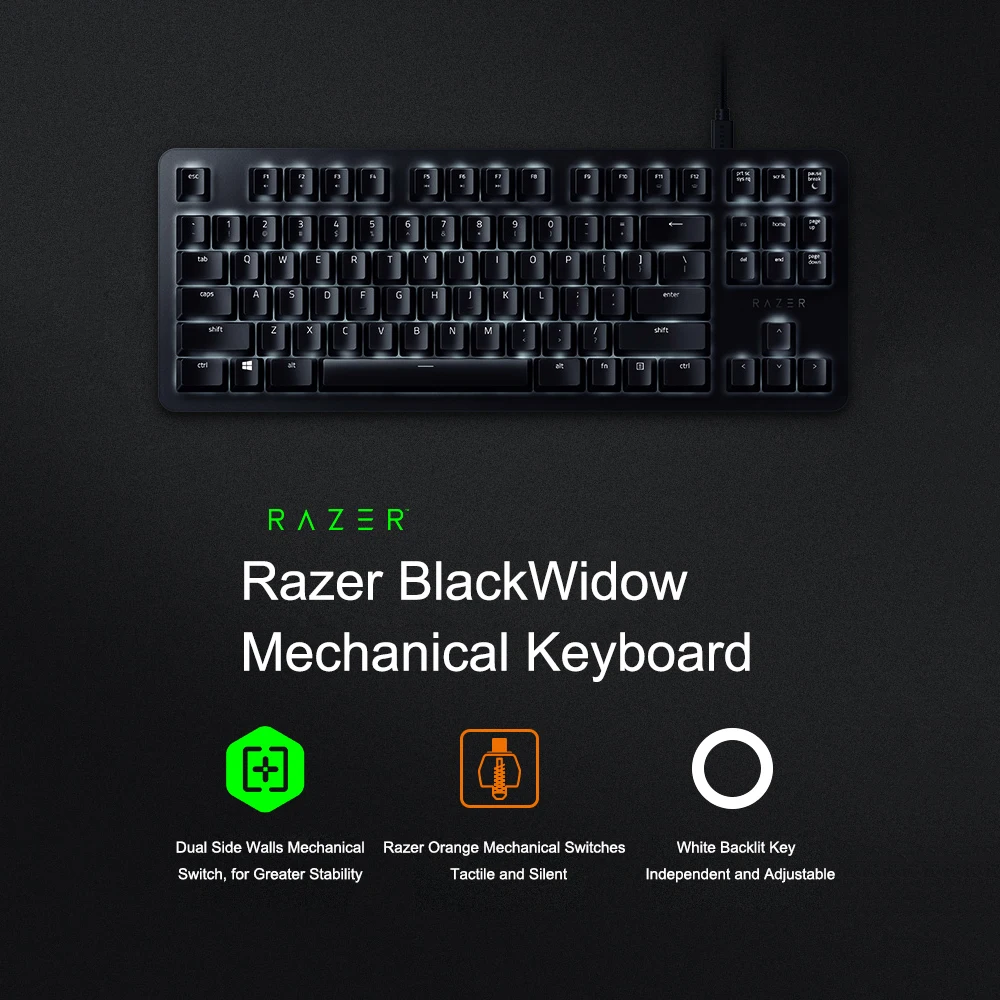 Механическая клавиатура razer BlackWidow, игровая, офисная, оранжевая, механические переключатели, проводная клавиатура, 87 клавиш, серебро