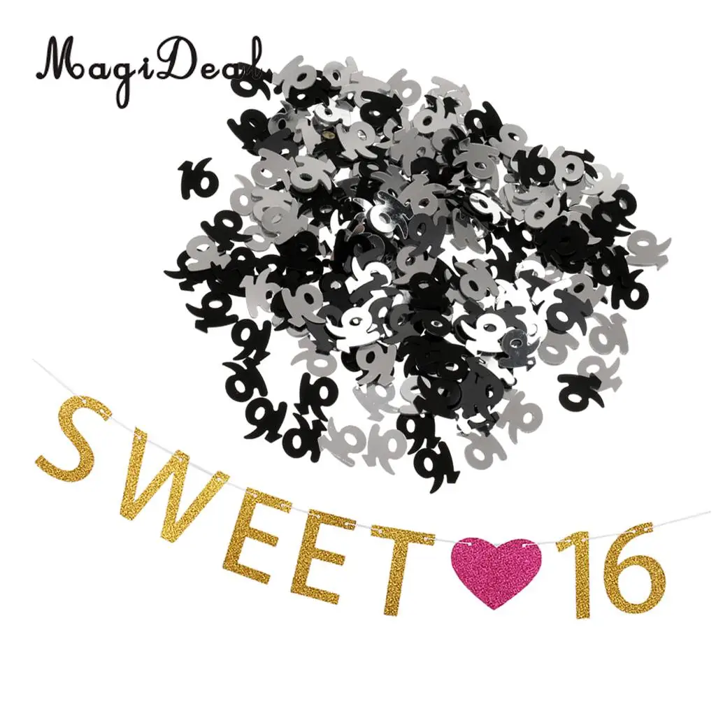 Glitter Gold Sweet 16 Rose Heart 16th Table Confetti Sprinkles Birthday Hanging Banner Garland Party Decoration Props