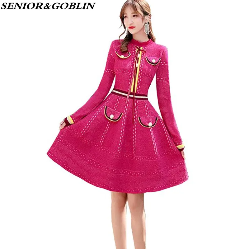 

Spring New High Quality Women Long Sleeve Knitted Dress Autumn Winter Slim Warm Mini Sweater Dress