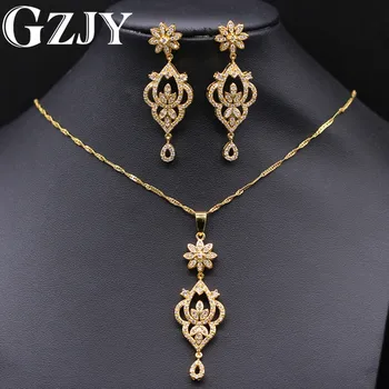 

GZJY Vintage Jewelry Sets Pure Gold Color Crystal Zircon Pendant Necklace Earrings Set For Women
