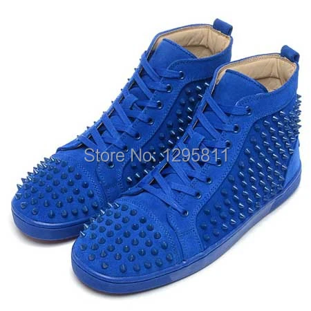 Red Bottom Men Shoes LOUIS SPIKES HIGH TOP BLUE SUEDE FLAT SNEAKERS