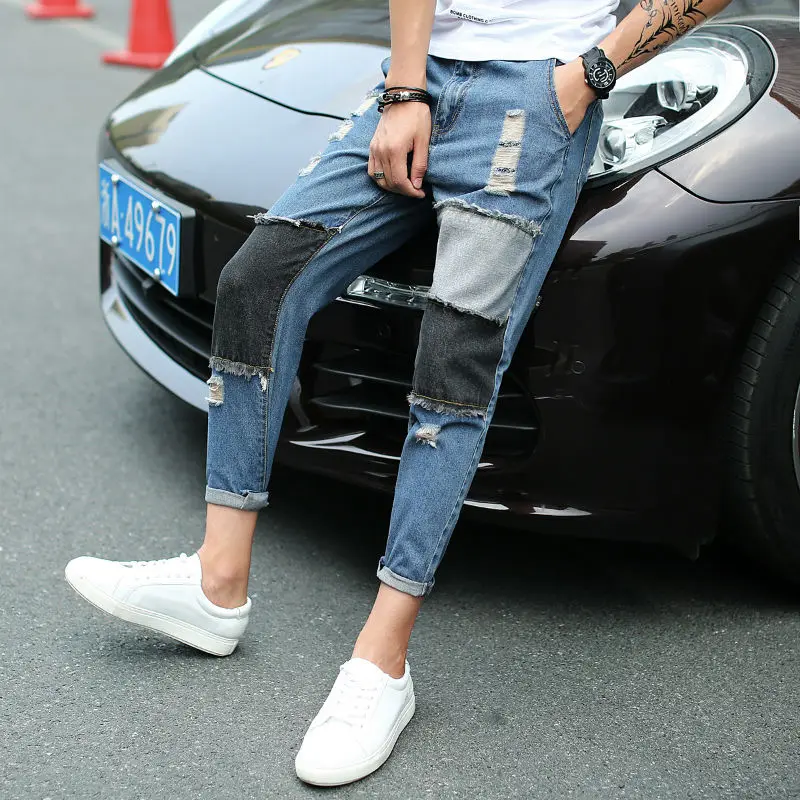 

Envmenst 2017 Patchwork Pencil Hole Jeans Men Denim Trousers High Quality Ankle Length Zipper Blue Jeans Plus Size 28-42