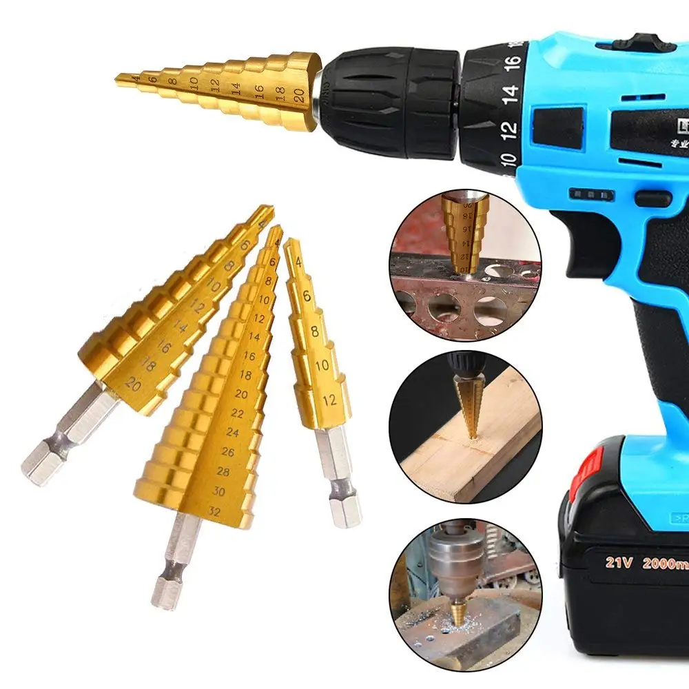 3PCS High Speed Steel Titanium Coated Step Drill Bit Set Hex Shaft Woodworking Punching Tool | Инструменты