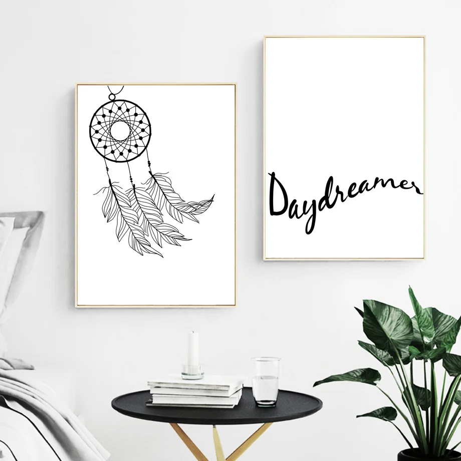 Black-White-Dreamcatcher-Feather-Quotes-Nordic-Posters-And-Prints-Wall-Art-Canvas-Painting-Cartoon-Wall-Pictures