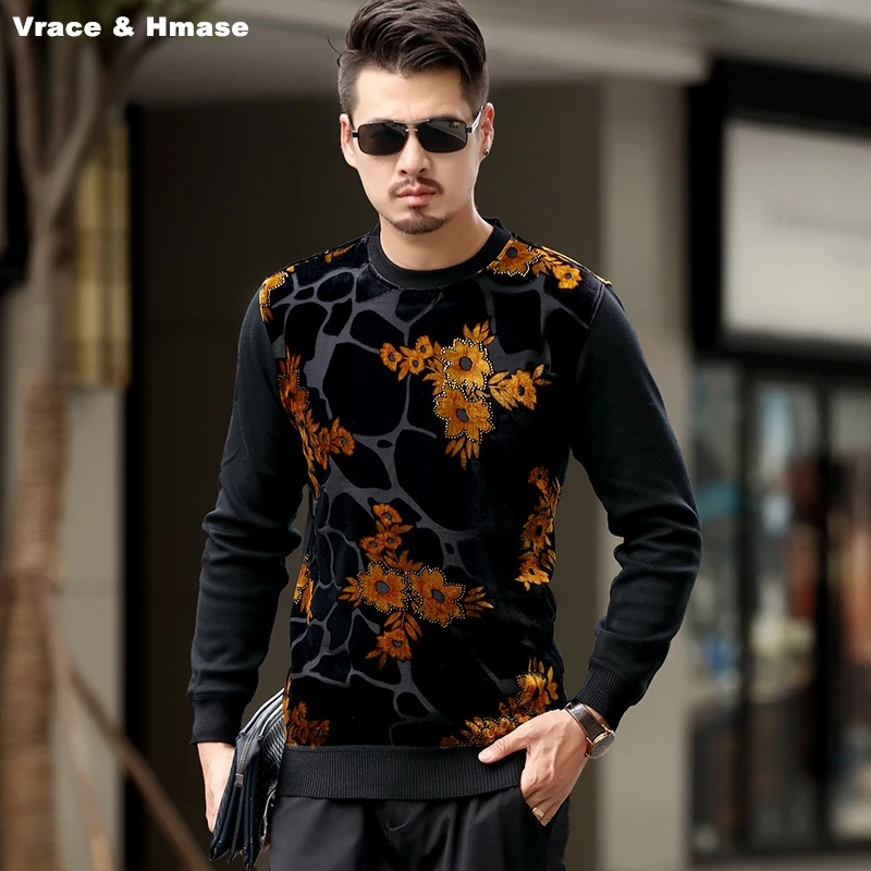 

Rhinestone gold velvet printing fashion casual long sleeve t shirt Autumn&Winter 2017 plus thick warm quality t shirt men M-XXXL