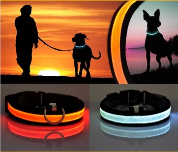 

Wholesale 100 pcs/ lot Freeshipping LED dog collar Nylon material+ Fiber Lights Pet Dog Cat products 4 sizes and 8 colors
