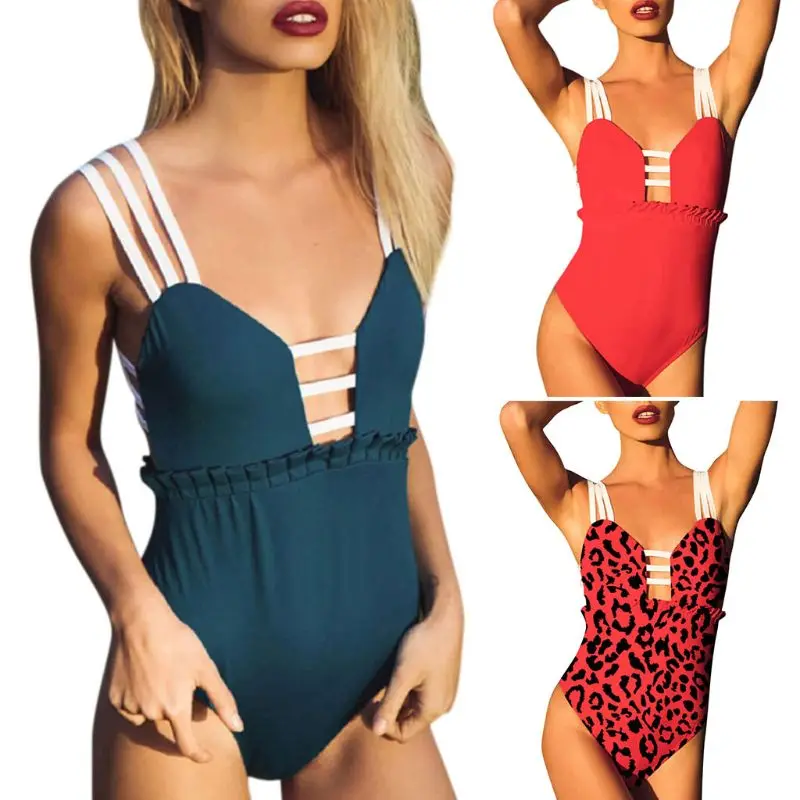 

Womens Sexy One Piece Bikini Strappy Bandage Solid Color Monokini Ruffles Trim High Waist Swimsuit Leopard Printed Backless Beac
