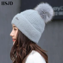 Модная зимняя металлическая метка, помпоны, вязаные шапки из кроличьей шерсти, утолщенная бархатная женская шапка, женская шапка, милая шапка f