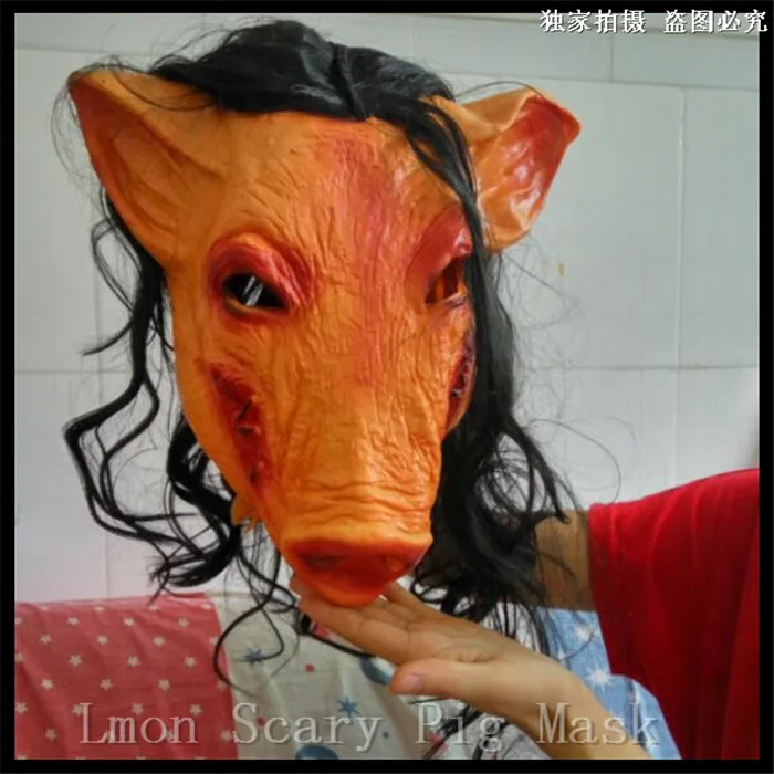 

Hot Sale Moive Tools Animal Scary Pig Masks Pig Head with Black Hair Silicon Masks Halloween Party for Full Head Cosplay Mask