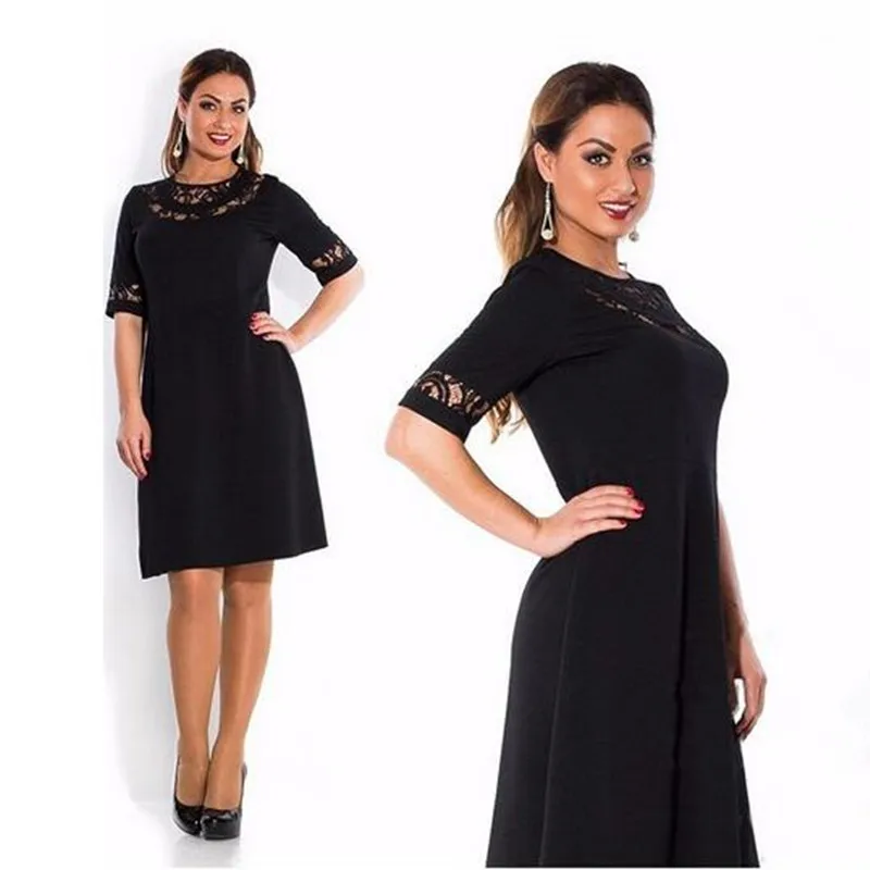 Goedkoop L 6XL 2018 Elegant Blauw Vrouwen Jurk Grote maten Lente O hals Losse Jurken Plus Size Knielange Jurk Zwart Rood Casual Dress