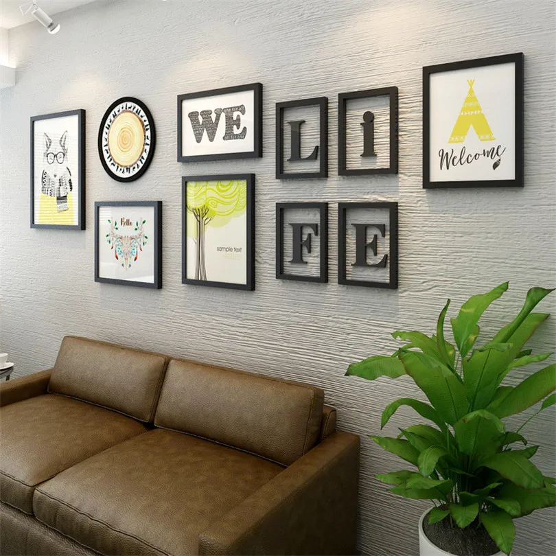 

Sofa Background Decoration Reindeer Head+10pcs Picture Frames+Letters Black White Photo Wall Frame Set Wooden Picture Frame Set
