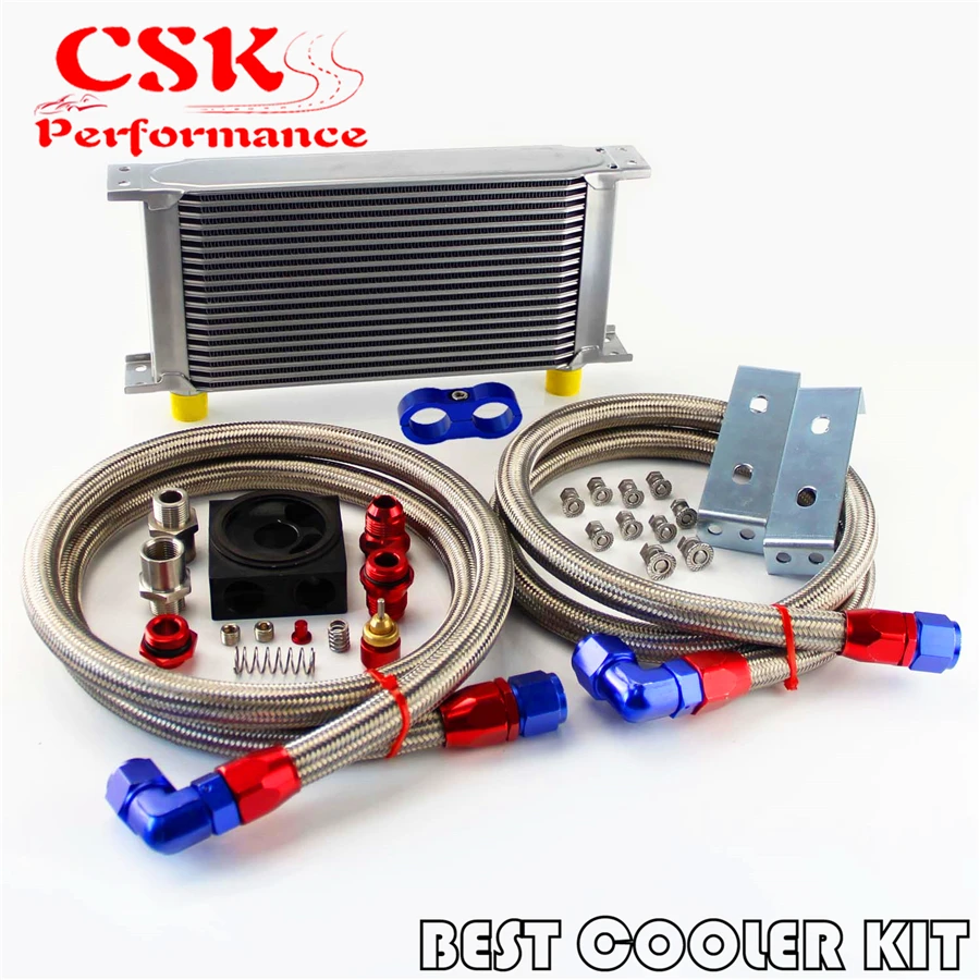 ^Cheap Universal New-style AN10 19 row oil cooler + thermostat / thermostatic Sandwich Plate kit for Japan car Silver / Black