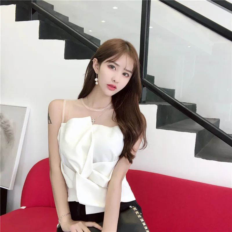 

crop top women tank bow short sexy patchwork Net yarn perspective moda feminina simple Women's Clothing summer style new