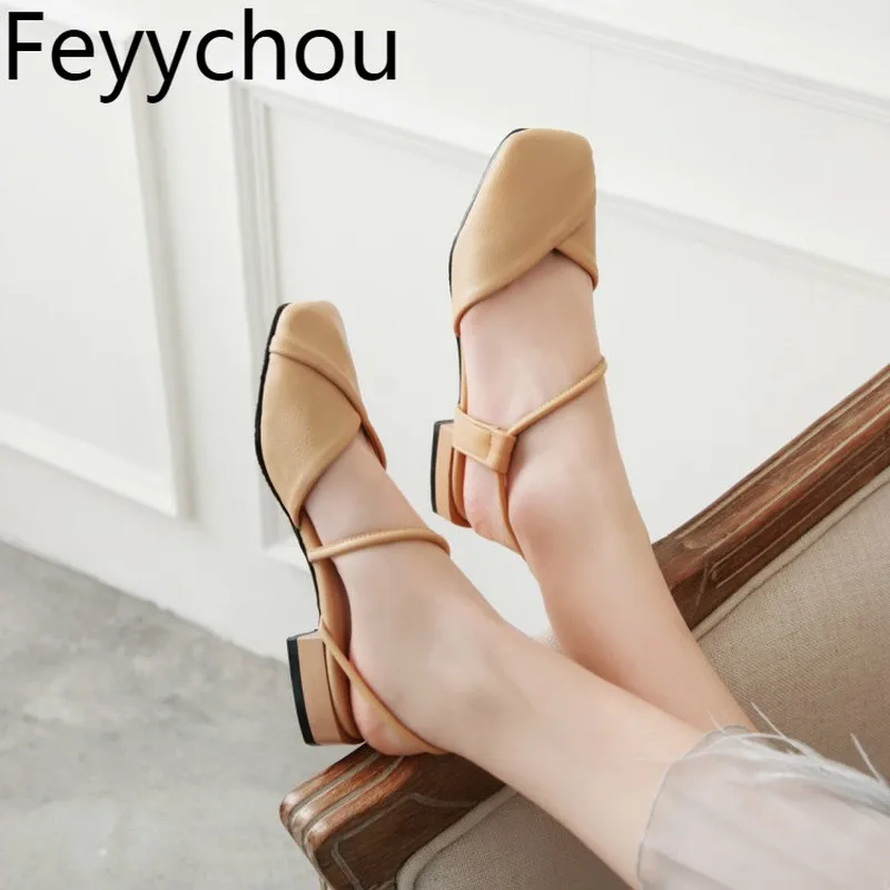 

Women's Sandals Square Toe Shallow Mouth Thick Heel Low Heeled Slip on Spring Autumn 2019 New Style Fashion Sweet Big Size 34-48