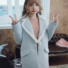 Принцесса сладкий Лолита greenand синее пальто BOBON21 натуральный мех воротник Зеленая мята темперамент пальто Ретро Простой студенческий стиль C1411