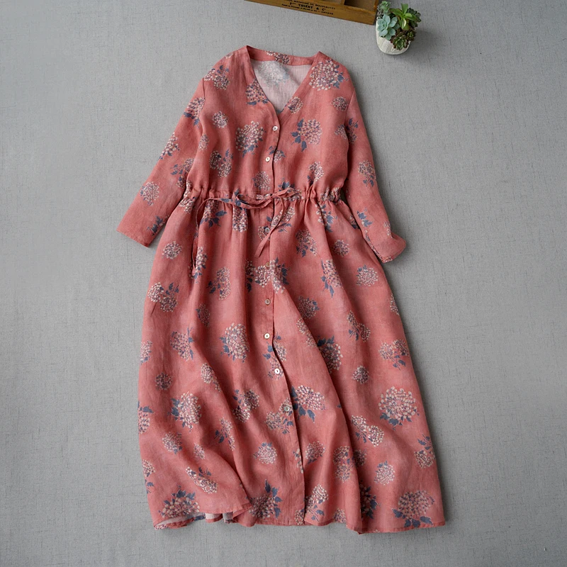 

Spring Summer Women Loose Plus Size Mori Girls Drawstring V-neck Vintage Floral Print Water Washed Thin Ramie Dresses