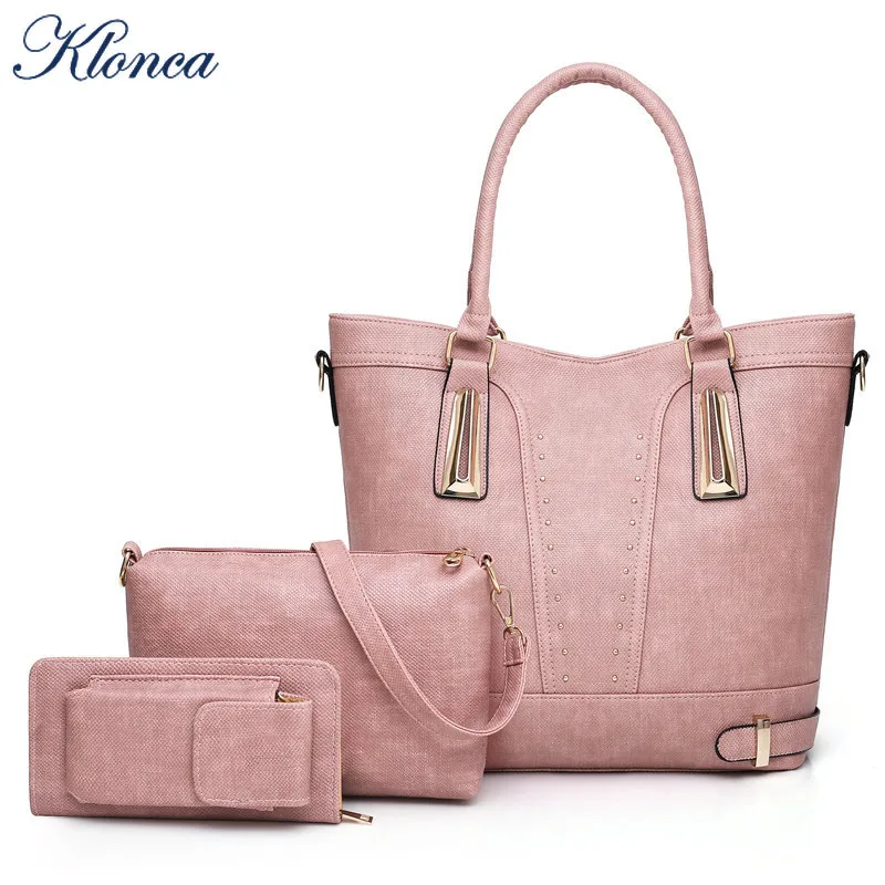

Klonca High Quality Composite Bag PU Leather Bucket Bag Large Capacity 2019 New Design 3pcs/set Fashion Rivet Female Handbag