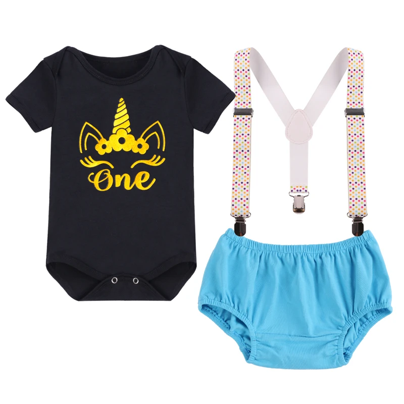 

3pcs Set Baby Girl Clothes Short Sleeve Unicorn Flower Bodysuit Suspenders Pants Cute Baby 1st Birthday Cake Smash Photo Shoot