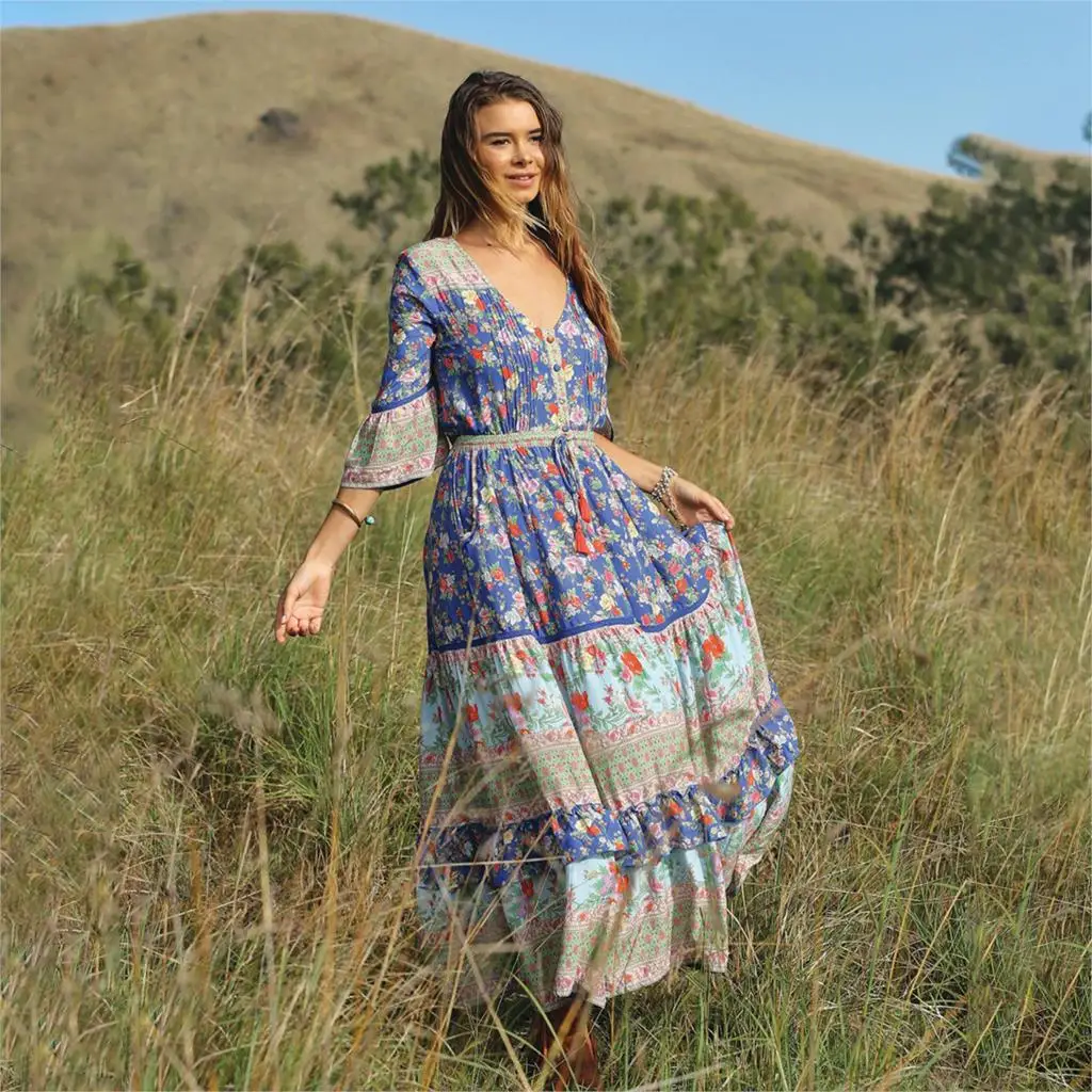 

Blue Foral Print Bohemian Vintage Gown Button V-Neck Women Flare Sleeve Boho Maxi Dress Hem Hippie Beach Long Dress Vestido