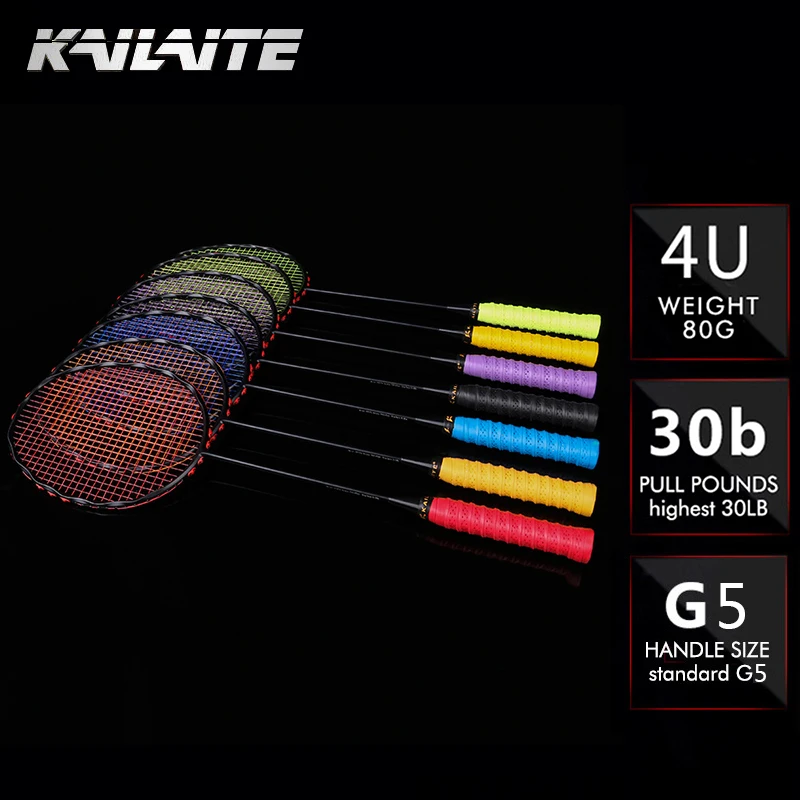 KAILITE 4U 82g G5 ультра легкий полный углеродного ракетка для бадминтона 20-30LBS Бесплатный захваты и браслет спортивных соревнований бадминтон