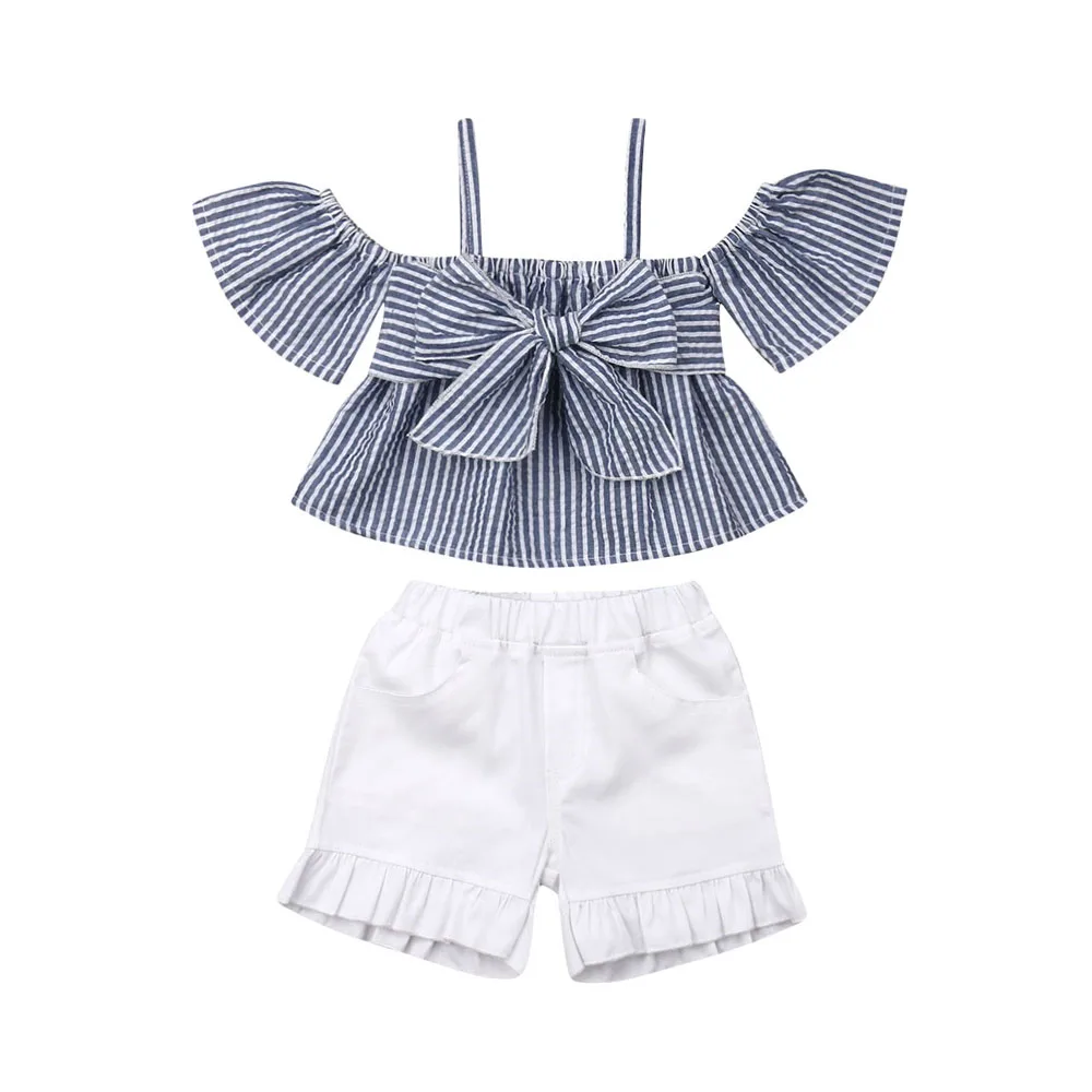 

2019 Fashion Children Clothes Girls Summer Clothes Sets Ruffles Striped Off Shoulder T-shirt Pocket Shorts Kids Clothing 2-7Y
