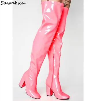 

Night Bar Candy Colors Thigh High Boots Pink Green Patent Leather Long Shoes For Women Sexy High Heels Autumn Winter Boots
