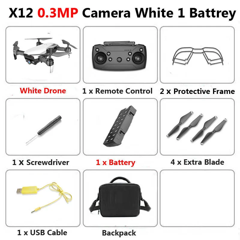 X12 WiFi FPV Mini Foldable Drone Camera 0.3MP 2MP HD Optical Flow Aerial Video Profissional RC Quadcopter Helicopter Toys SG106 - Цвет: 0.3MP White 1B Bag