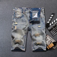 Summer Fashion Streetwear Men Short Jeans Retro Washed Destroyed Ripped Jeans Men Denim Shorts hombre Hip Hop Shorts masculina