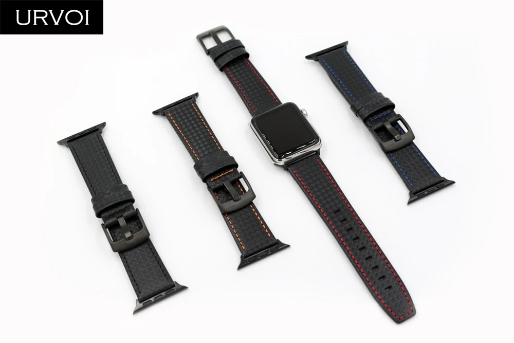 URVOI ремешок для Apple Watch series 5 4 3 2 1 кожаный ремешок из углеродного волокна для iwatch Пряжка из нержавеющей стали черный стиль
