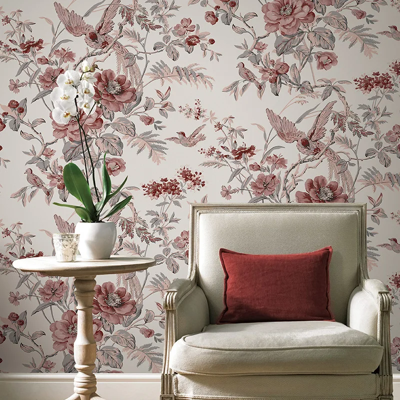 Red Vintage Birds Floral Wallpaper For Walls