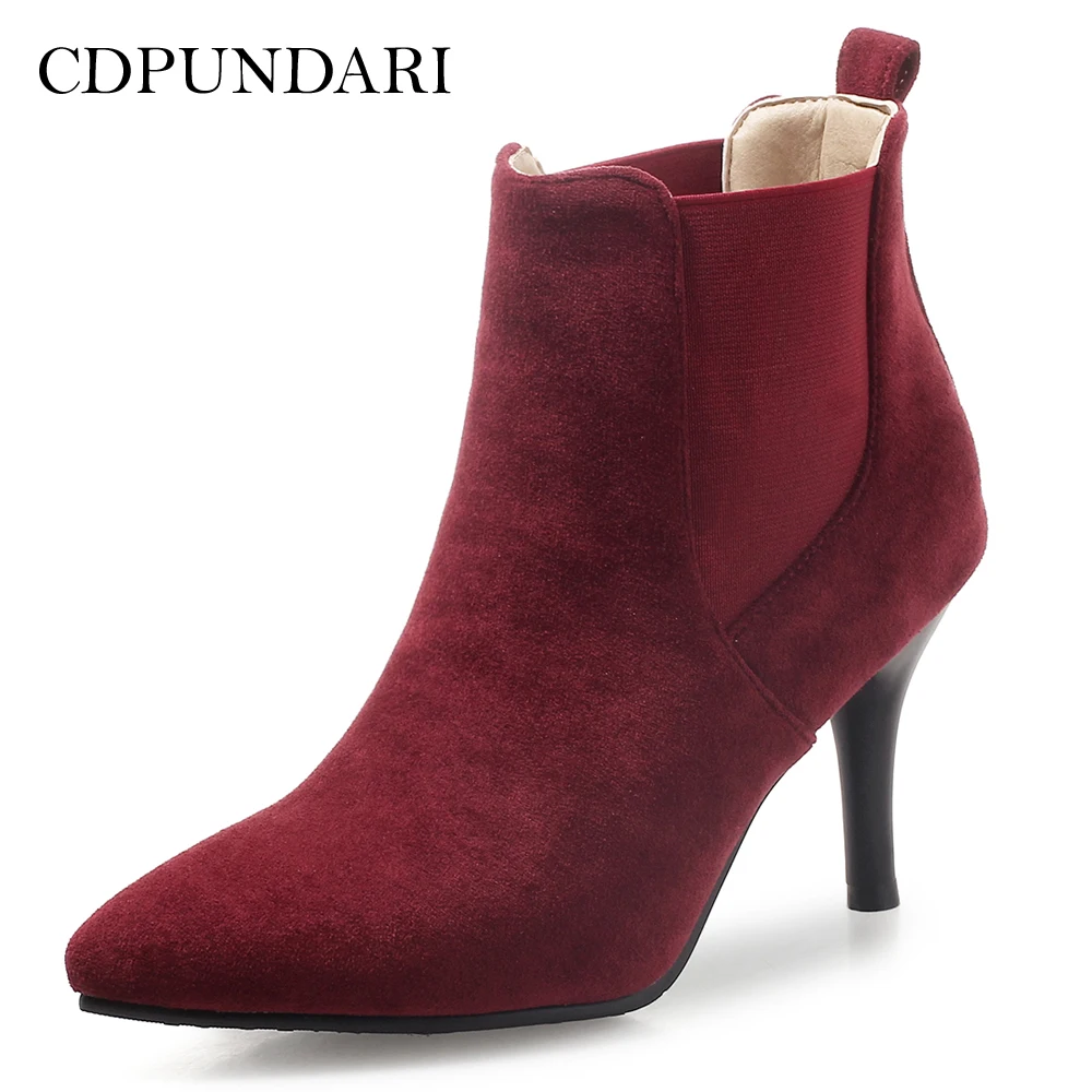 

CDPUNDARI Flock Ankle boots for Women High heel boots Pointed Toe Winter boots shoes woman big size