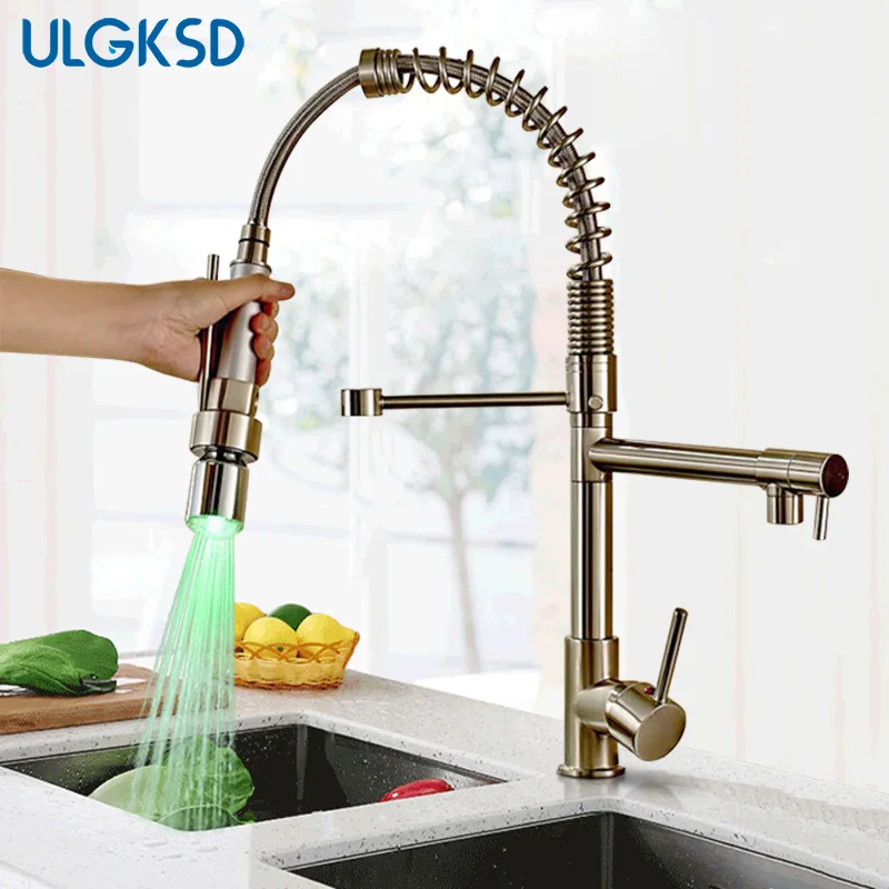 ULGKSD Chrome/Nickel Spring Level Kitchen Faucet Vessel Sink LED Sprayer Head Deck Mount For Kitchen Sink Mixer Taps