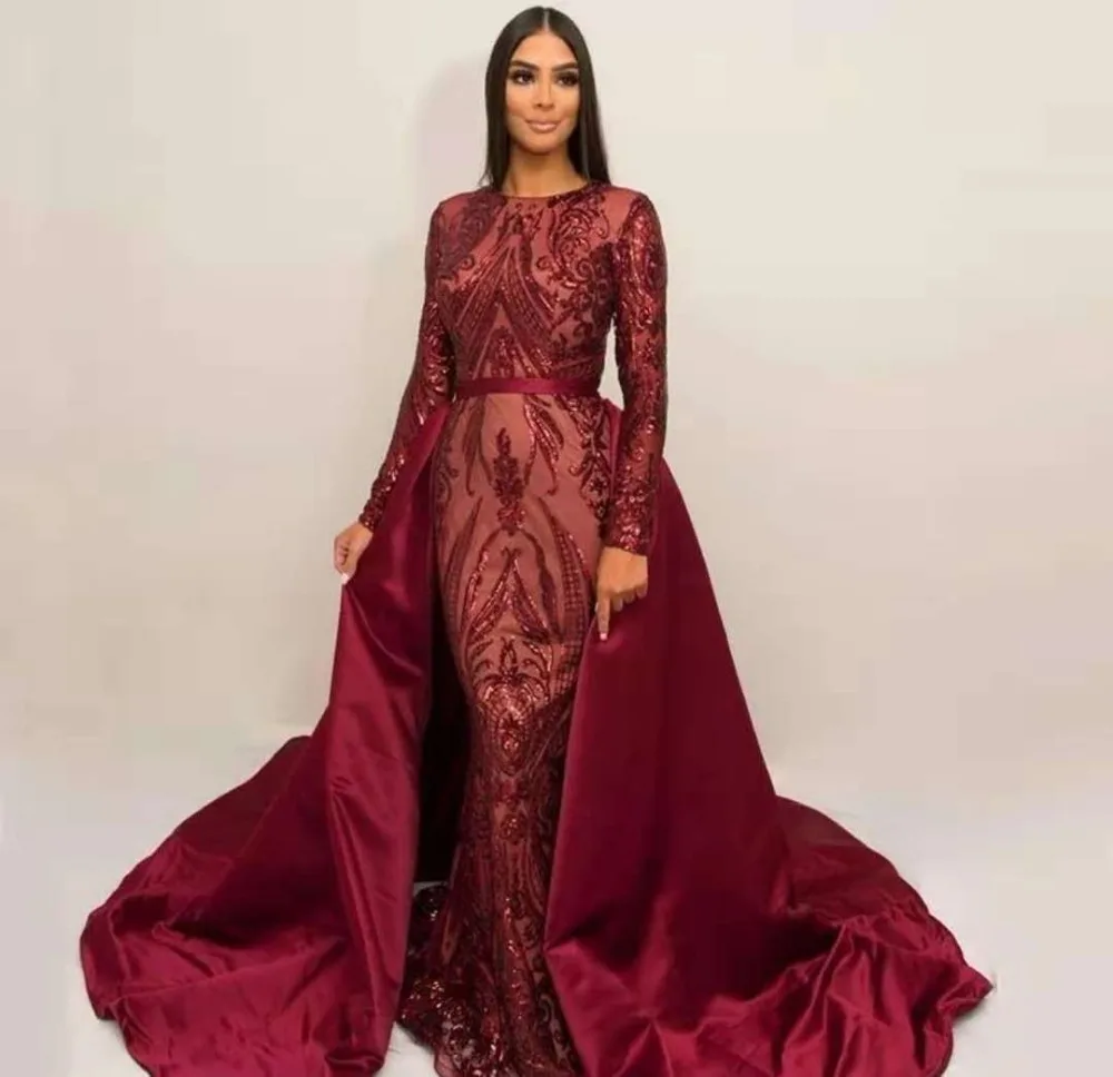 

Celebrity Evening Dresses Long With Detachable Train Formal Women Long Sleeves Sequin Prom Gowns Luxury Robe De Soiree