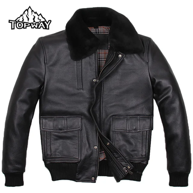 Cheap Hot Sale Motocross Chaqueta Moto Flight Genuine Cowskin Bomber Leather Men Motorcycle Jacket Winter Warm Fur Neck Collar Coat