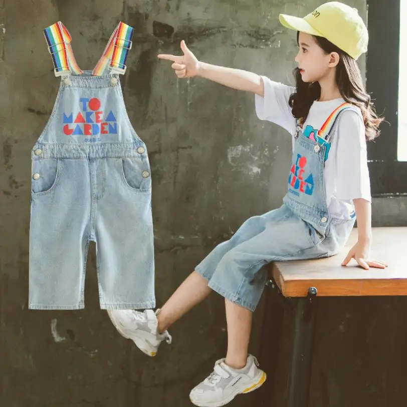 

Teenage girls denim jumpsuits 2019 summer new print loose cotton overalls children clothes kids Bib pants 4-14Y ws729