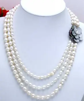 

SALE 7-9MM Rice WHITE freshwater PEARL NECKLACE WITH SHELL VIVID FLOWER CLASP-5203 Wholesale/retail Free shipping