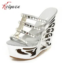 Big size34-39 women round toe high quality Strange Style peep toe utr 15cm high heels rhinestone party club shoes summer slides