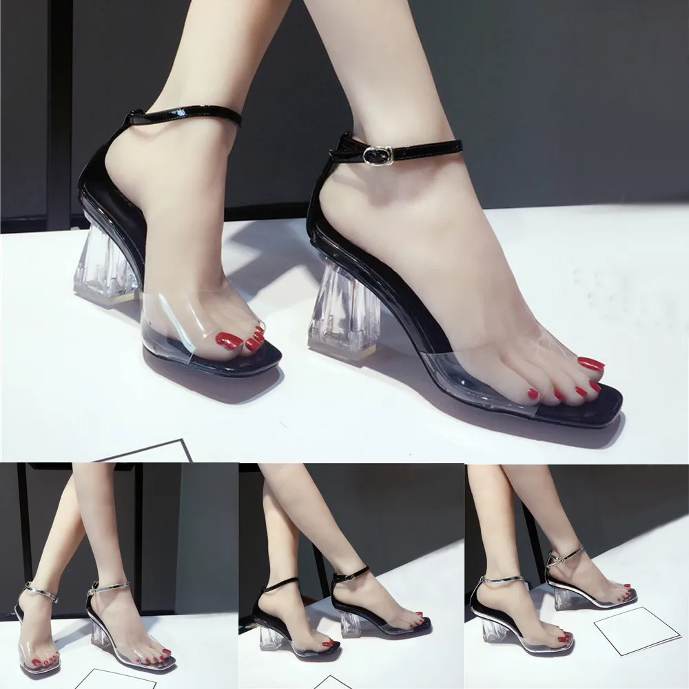 

Fashion Women Transparent Sandals Ankle High Heels Block Party Open Toe Shoes sapato feminino scarpe donna tacco alto sexy