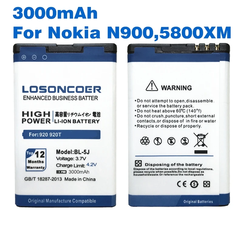 

3000mAh BL-5J / BL 5J Phone Battery For Nokia N900,X6,5800XM,5800i,5800W,5230XM,5233,5232,5235,X6-00,C3-00,5802 ,X1-00 Battery