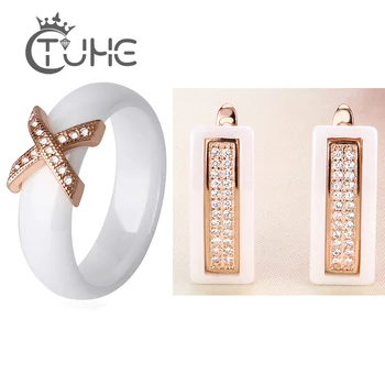 

Vintage 585 Rose Gold Jewelry Sets For Women With CZ Cubic Zircon Classical Style Black White Ceramic Stud Earrings X Cross Ring