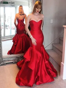 

Sweety Red Mermaid Prom Dresses Long 2020 Strapless Backless Tiered Skirts Stain Evening Party Gowns Special Occasion Dresses