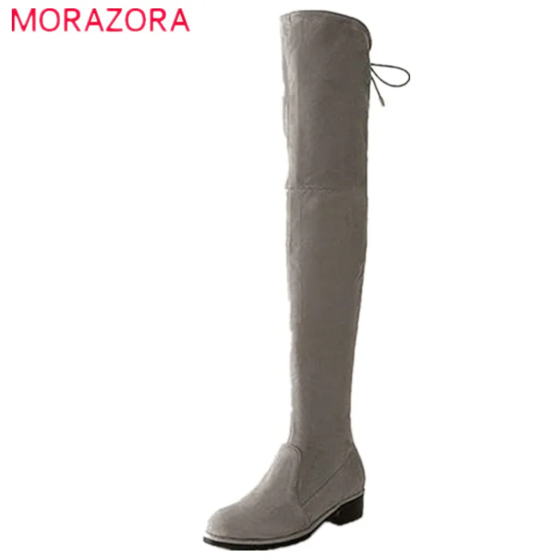 

MORAZORA Office lady kid suede over the knee boots square heel fashion elegant autumn boots lace up army green women shoes