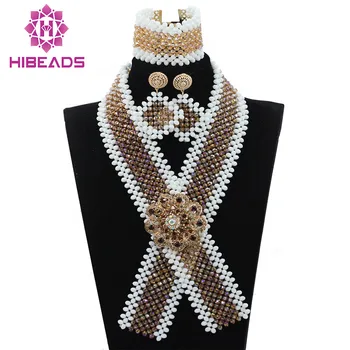 

Luxury Champagne Gold and White Crystal Beaded Bib Necklace Set African Jewelry Sets for Brides Ceremony Free Shipping WD862