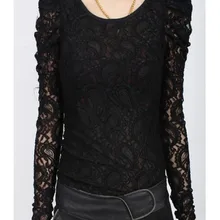 Индивидуальные Новинка плюс Размеры s-9xl белый и черный Кружево Топы корректирующие для Для женщин пышными длинными рукавами модные, пикантные футболки