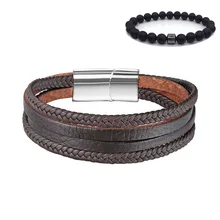 Для мужчин ювелирные изделия панк черный плетеный пояса из натуральной кожи браслет нержавеющая сталь магнитная пряжка модные очаровательные
