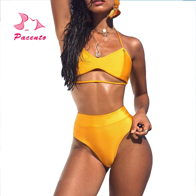 

Pacento 2018 Sexy Bikini Set Solid Swimsuit Women High Waist Halter Bandage Swimwear Female Yellow Bathing Suit High Cut Plavky